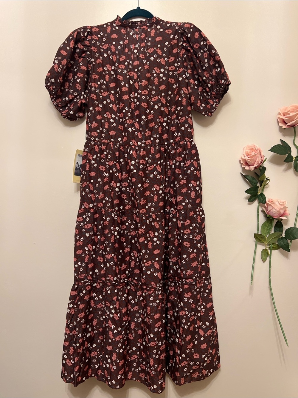 Trovata Birds of Paradis Floral Silk Cotton Midi Dress Medium Puff Sleeve Tiered - Picture 6 of 11